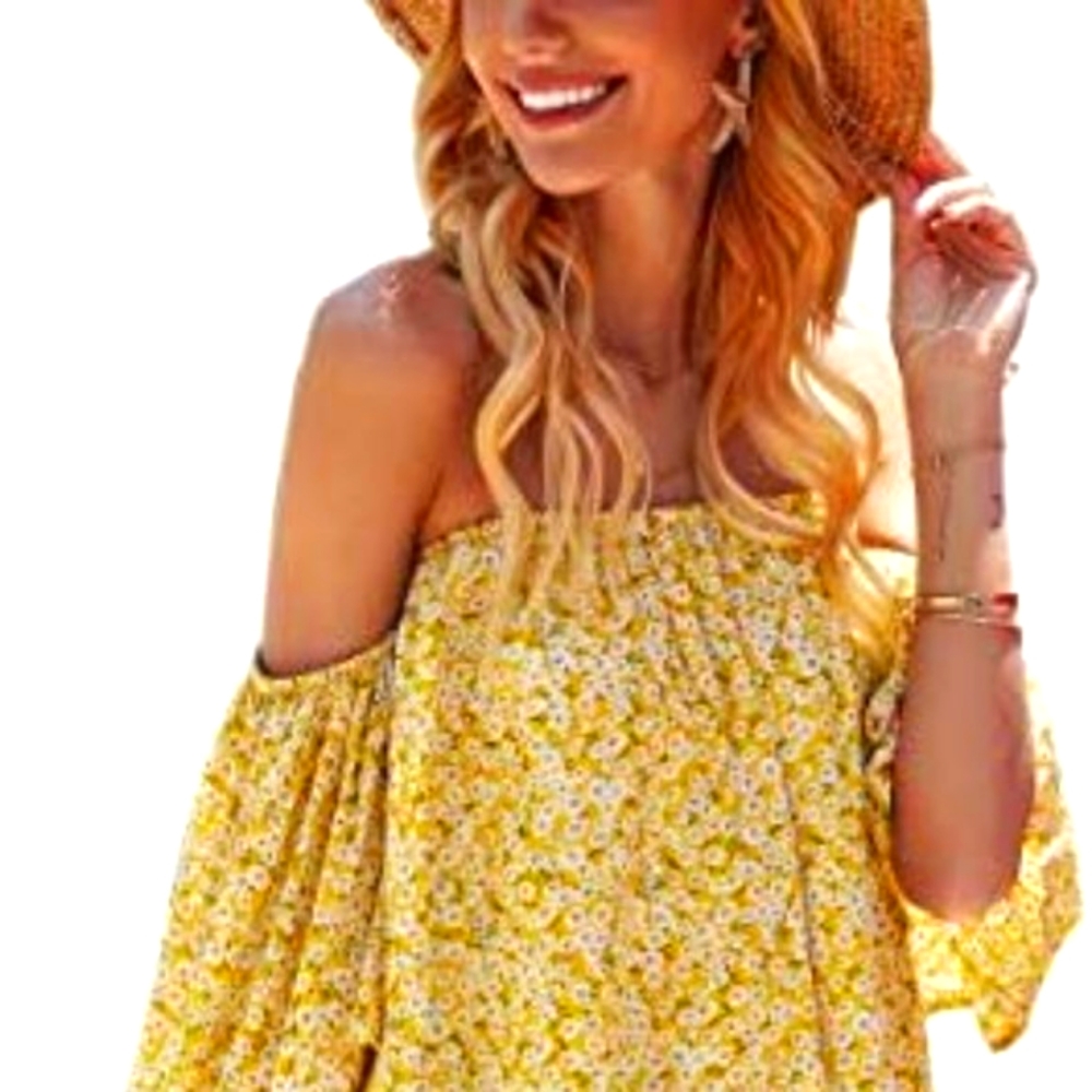 NWT HIBLUCO Yellow Ditsy Print Flowy Off Shoulder Blouse - Large